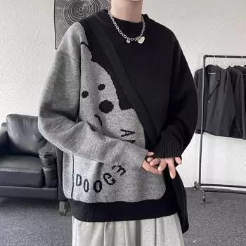 Осенний вязаный свитер с круглым вырезом в гонконгском стиле, мужская корейская версия свободного вязаного свитера Ins, универсальный повседневный XXXXL чёрный