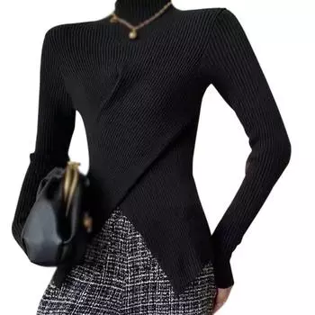 Осенний вязаный свитер с полуводолазкой, топ для женщин, утягивающий пуловер с нишевым подолом и разрезом, топы