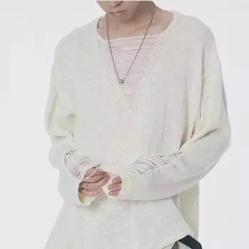 Осенний вязаный свитер с V-образным вырезом из пряжи кордицепса и кисточками — дырчатый дизайн, слегка прозрачные длинные рукава, свободный крой 3XL чёрный