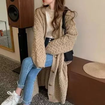 Осенний вязаный свитер средней длины с V-образным вырезом, куртка для женщин, зимняя свободная верхняя одежда, свитера, кардиганы, женский винтажный трикотажный кардиган с длинным рукавом 25326 One Size чёрный