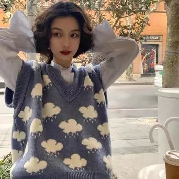 Осенний вязаный свитер-жилет для женщин без рукавов с принтом облаков и V-образным вырезом, свободный вязаный жилет, верхняя зимняя одежда для женщин S синий