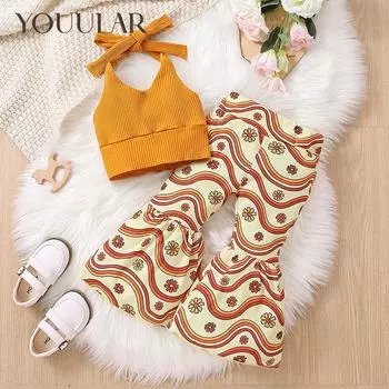 Осенний вязаный топ без спинки на подтяжках для девочек + расклешенные длинные брюки с волнистым цветком, детская одежда 2-3y жёлтый