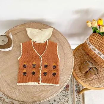 Осенний вязаный жилет для новорожденных для маленьких девочек с v-образным вырезом, трикотажная одежда для девочек, вышитая цветами, bafanou 83345 66cm(3-6M) света загар