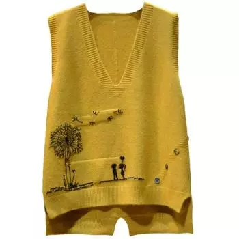 Осенний вязаный жилет с v-образным вырезом, женский жилет в стиле литературы и искусства, повседневный свободный шерстяной жилет без рукавов, нижняя рубашка, верхний женский тонкий свитер S жёлтый