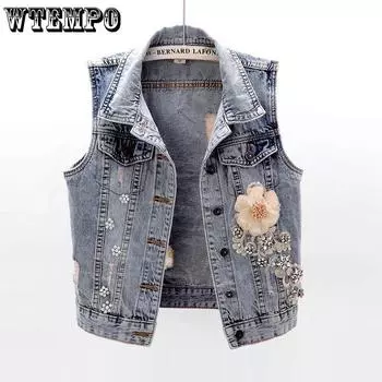 Осенний выпуск, Женский джинсовый жилет с бриллиантовыми заклепками и цветком, Женский короткий жилет без рукавов, Пальто, Топ S