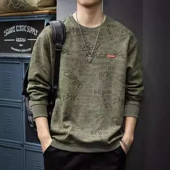 Осенний замшевый свитер с круглым вырезом для мужчин, американский модный бренд, полный тяжелых свободных топов и пальто с длинными рукавами M темно-зеленого