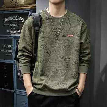 Осенний замшевый свитер с круглым вырезом для мужчин, американский модный бренд, полный тяжелых свободных топов и пальто с длинными рукавами M чёрный