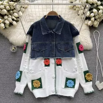 Осенний женский 3D-цветочный вязаный свитер Джинсовая лоскутная куртка Дизайнерская джинсовая верхняя одежда с воротником с лацканами и длинным рукавом Уличная одежда Стиль ковбойского пальто One Size