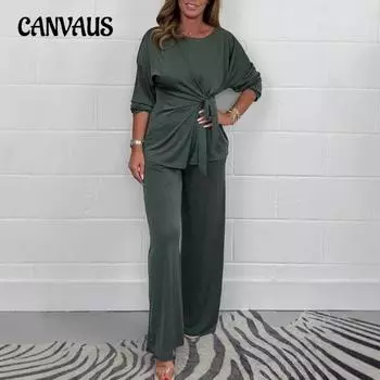 Осенний женский брючный костюм больших размеров, однотонный, повседневный, модный, со шнуровкой, с длинным рукавом, топ и брюки S чёрный