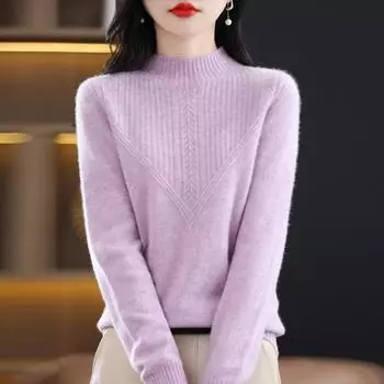 Осенний женский городской стиль темперамент пригородный пуловер полувысокий ворот обычный свитер M озеро синий