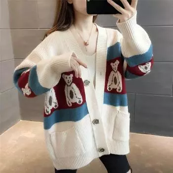 Осенний женский кардиган-свитер, топ 2023, вестернизированный трикотаж и зимний универсальный свободный свитер, кардиган, женские топы One Size чёрный