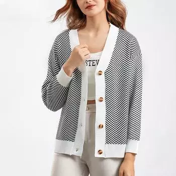 Осенний женский кардиган, свитер, женский свитер с v-образным вырезом, свободный полосатый свитер, куртка, топ с длинными рукавами One Size коричневый