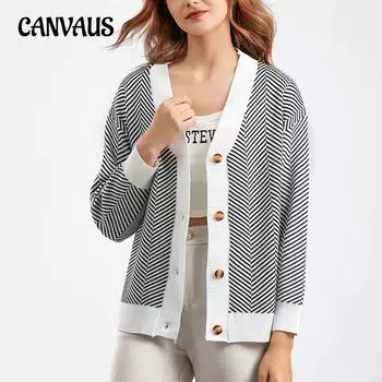 Осенний женский кардиган, свитер, женский свитер с v-образным вырезом, свободный полосатый свитер, куртка, топ с длинными рукавами One Size коричневый
