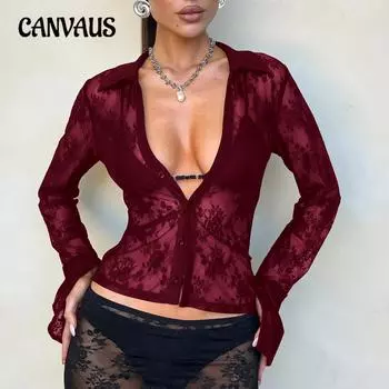 Осенний женский кардиган Y2K с длинным рукавом, сексуальный, с талией, с вырезом, кружевная рубашка, топ S чёрный