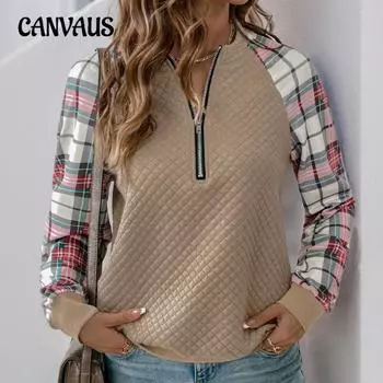 Осенний женский клетчатый лоскутный топ винтажный лоскутный винтажный текстурированный пуловер свитшот S хаки