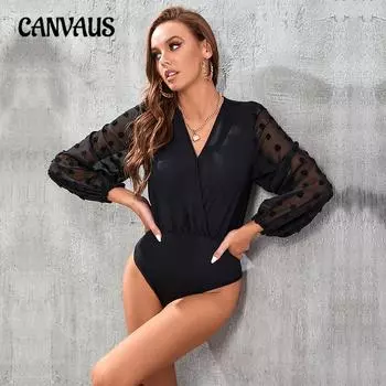 Осенний женский комбинезон из сетки с рукавами-фонариками, перекрещенным V-образным вырезом, однотонный боди S чёрный