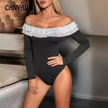 Осенний женский комбинезон с длинным рукавом и одним рукавом, воротником в стиле пэчворк, оборками и пайетками S чёрный