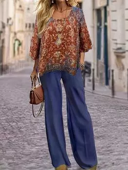 Осенний женский комплект 2023 года из топа с круглым вырезом и принтом 3D и брюк с высокой талией Extra Large