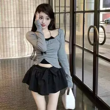 Осенний женский комплект из двух предметов, топ с бретелькой на шее, корейская мода, укороченные топы с длинными рукавами Gyaru, футболки Y2k, уличная одежда, футболки, кокетка для девочек, новинка S серый