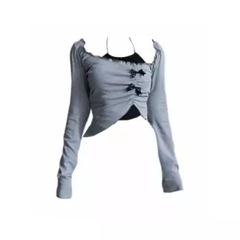 Осенний женский комплект из двух предметов, топ с бретелькой на шее, корейская мода, укороченные топы с длинными рукавами Gyaru, футболки Y2k, уличная одежда, футболки, кокетка для девочек, новинка S серый