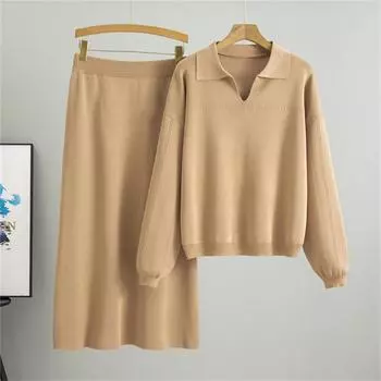 Осенний женский комплект: полуюбка и топ с вязаным воротником поло, простой, однотонный, свободного кроя, длинная юбка One Size хаки