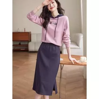 Осенний женский комплект ярких цветов с капюшоном, модный повседневный пуловер, топ, юбка до половины тела, комплект из двух предметов S