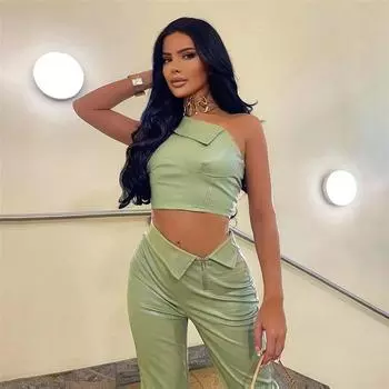 Осенний женский комплект с косым вырезом на одно плечо, жилетом и брюками с высокой талией S светло-зеленый