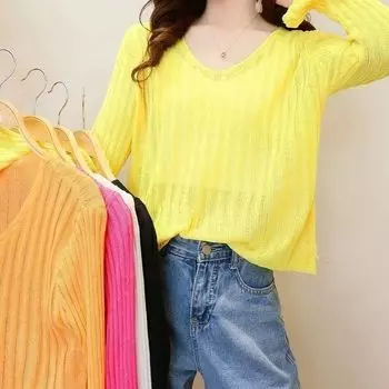 Осенний женский корейский вариант V-образного выреза с длинными рукавами вязаный свитер свободный и модный чистый короткий топ S белый