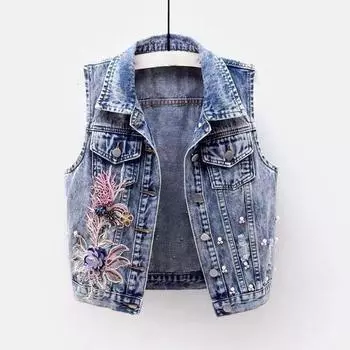 Осенний женский короткий джинсовый жилет с вышитыми нашивками XXL синий