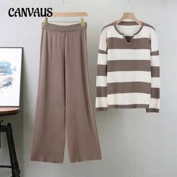 Осенний женский костюм больших размеров с широкими штанинами и полосатым трикотажным топом в полоску, повседневный спортивный брючный костюм One Size чёрный