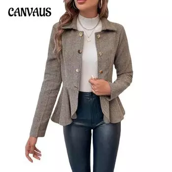 Осенний женский костюм, куртка с лацканами, жаккардовый тонкий двубортный костюм с рюшами, куртка с длинными рукавами S серый