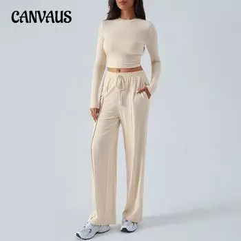 Осенний женский костюм Y2K с круглым вырезом и длинными рукавами, широкие брюки S чёрный