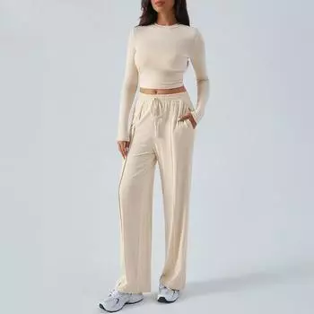 Осенний женский костюм Y2K с круглым вырезом и длинными рукавами, широкие брюки S чёрный