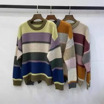 Осенний женский круглый вырез горловины из пряжи с цветными полосками и длинными рукавами, вязаный свитер, пуловер One size желто-зеленый