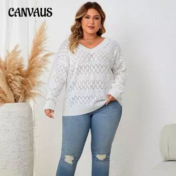 Осенний женский круглый вырез пуловер вязаный свитер плюс размер ажурные топы с V-образным вырезом XL белый