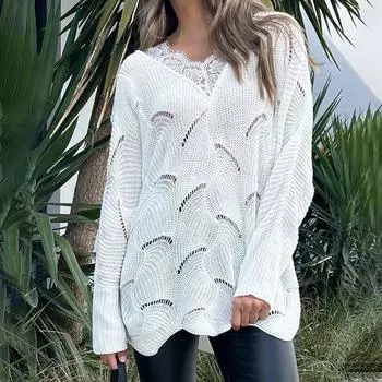 Осенний женский кружевной пэчворк средней длины белый свитер L белый