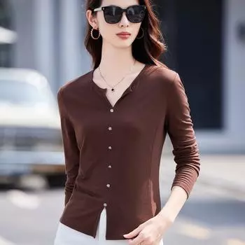 Осенний женский модный однотонный кардиган с V-образным вырезом и длинными рукавами S серый