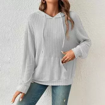 Осенний женский модный однотонный свитер с длинными рукавами и карманом с капюшоном XXL чёрный