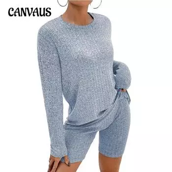 Осенний женский модный повседневный комплект, удобный повседневный топ с длинными рукавами, шорты, комплект из двух предметов S чёрный