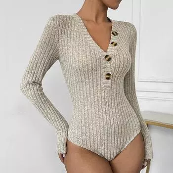 Осенний женский однотонный боди с длинными рукавами и V-образным вырезом в полоску S хаки