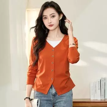 Осенний женский однотонный кардиган из двух частей с круглым вырезом и длинным рукавом S армия зеленый