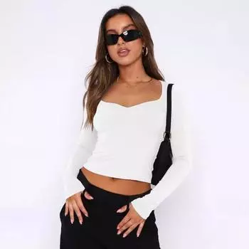 Осенний женский однотонный квадратный вырез с узким вырезом и длинными рукавами S белый