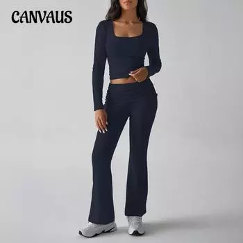 Осенний женский однотонный повседневный трикотажный топ с длинными рукавами и штаны для йоги S чёрный