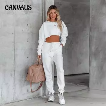 Осенний женский однотонный пуловер с круглым вырезом больших размеров, толстовка с длинными рукавами и пупком, модный повседневный брючный костюм с завязками S белый