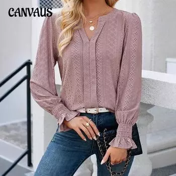 Осенний женский однотонный свободный топ с V-образным вырезом и длинными рукавами больших размеров S белый