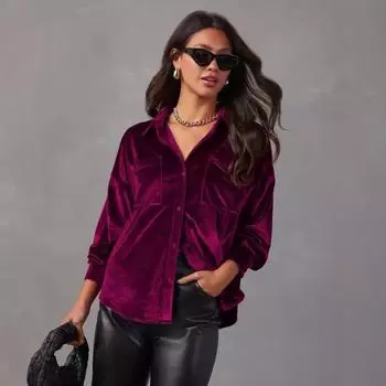 Осенний женский однотонный топ-поло с пуговицами и карманами, длинный рукав, замша S чёрный