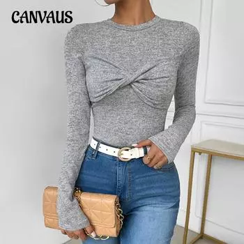 Осенний женский однотонный топ с длинным рукавом Twist Slim S светло-серый