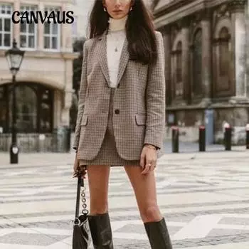 Осенний женский пиджак в британском стиле в клетку чиби с начесом XS