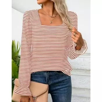 Осенний женский полосатый свитер с длинными рукавами, квадратный воротник, рукав-лепесток, свободная повседневная футболка S белый/розовый