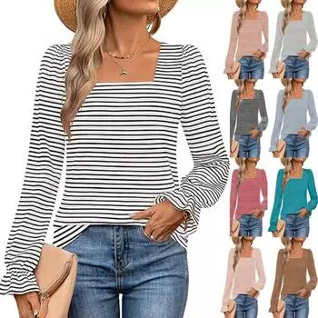 Осенний женский полосатый свитер с длинными рукавами, квадратный воротник, рукав-лепесток, свободная повседневная футболка S белый/розовый